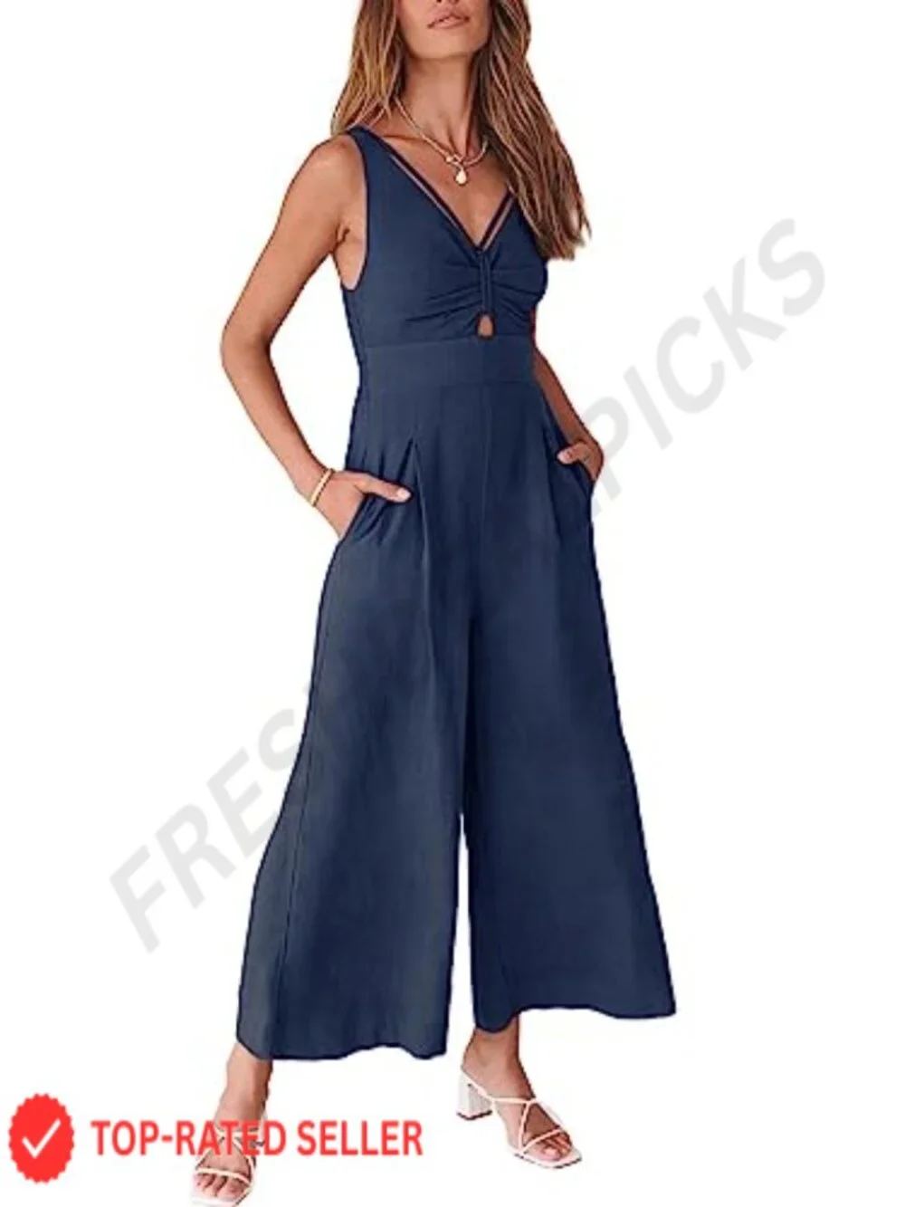 Women's Linen Blend Wide Leg Sleeveless Jumpsuit V-Neck Cutout High Waist Romper